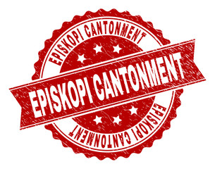 Obraz premium EPISKOPI CANTONMENT seal print with corroded texture. Rubber seal imitation has round medallion form and contains ribbon. Red vector rubber print of EPISKOPI CANTONMENT caption with dirty texture.