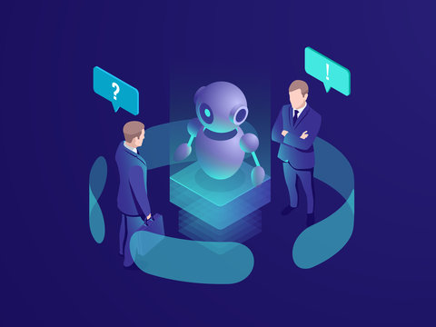 Artificial intelligence ai robot gives recommendation, human get automated response from chatbot, business consulting system, isometric vector neon