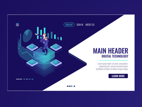Business automated analytic system isometric icon, businessman hold a meeting, strategy formulation, chart analysis and trading, virtual graphics vector neon