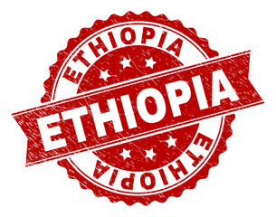 ETHIOPIA seal print with corroded style. Rubber seal imitation has circle medallion form and contains ribbon. Red vector rubber print of ETHIOPIA label with unclean texture.