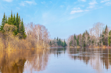 Fototapeta na wymiar Spring flood in Siberia. River Chet in the Tomsk region.