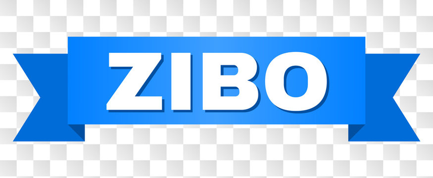 ZIBO text on a ribbon. Designed with white title and blue tape. Vector banner with ZIBO tag on a transparent background.