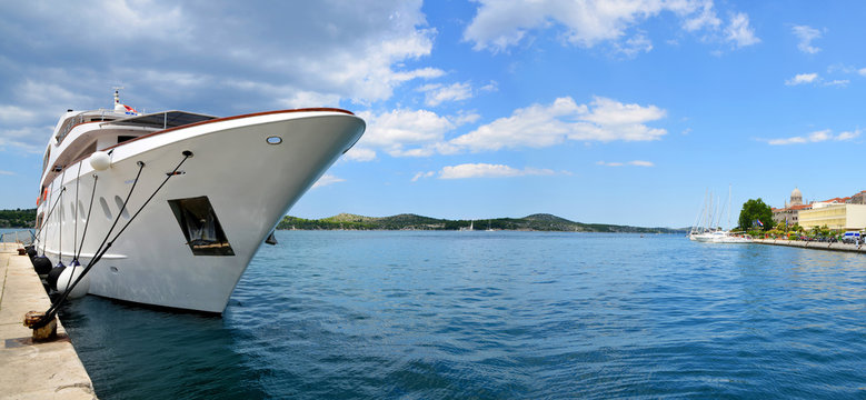 Luxury motor yacht in a harbor in the city of Sibenik.Croatia.