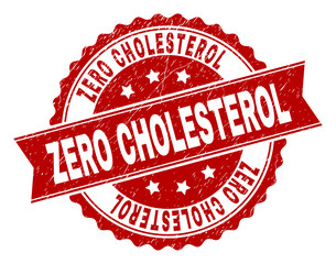 Fototapeta premium ZERO CHOLESTEROL seal print with corroded texture. Rubber seal imitation has circle medal form and contains ribbon. Red vector rubber print of ZERO CHOLESTEROL caption with scratched texture.