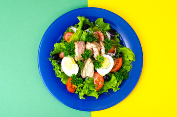 Blue plate with fish salad on bright background