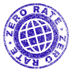 ZERO RATE stamp print with grunge texture. Blue vector rubber seal print of ZERO RATE title with grunge texture. Seal has words arranged by circle and globe symbol.