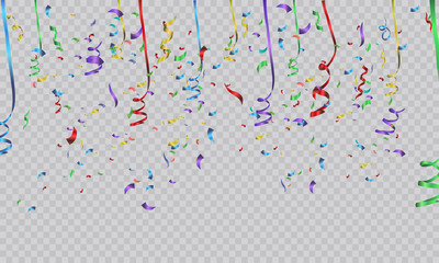 Colorful bright confetti isolated on transparent background. Festive vector illustration