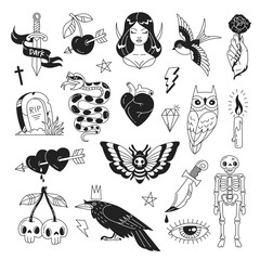 Tattoo elements collection. Vector illustration of fantasy mystical black and white icons such as skeleton, grave, sorceress, sword, snake, owl and crow isolated on white.