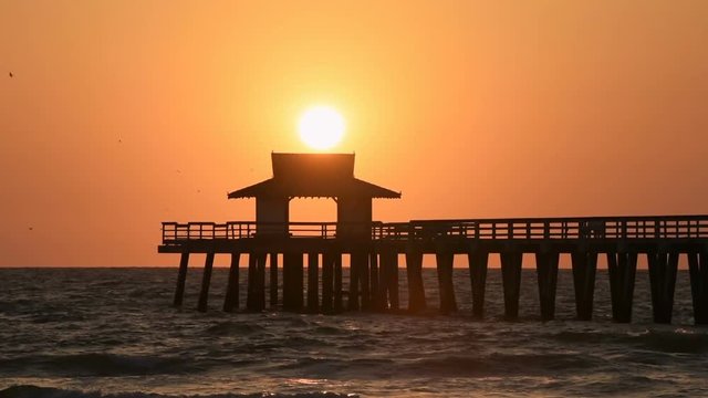 Naples, Florida yellow and orange sunset in gulf of Mexico with sun setting inside Pier wooden jetty, with many birds silhouette flying over horizon and dark blue ocean waves