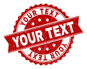 YOUR TEXT seal stamp with corroded texture. Rubber seal imitation has round medal form and contains ribbon. Red vector rubber print of YOUR TEXT with retro texture.
