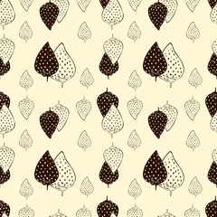 Seamless pattern of silhouettes and outlines black strawberries on the yellow background, vector food, berries