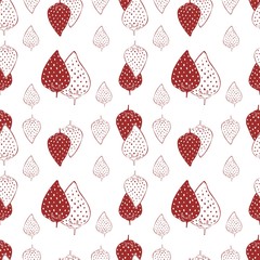 Seamless pattern of silhouettes and outlines red strawberries on the white background, vector food, berries