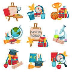 Flat vector set of compositions with objects related to school theme. Easel with canvas, books, backpack, laboratory equipment, graduation hat
