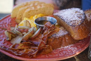 Best All American Breakfast with Bacon Eggs and French Toast