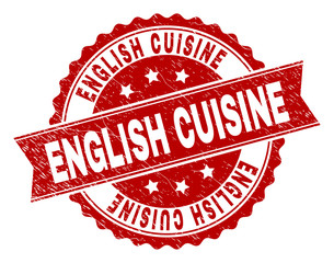 ENGLISH CUISINE seal print with distress texture. Rubber seal imitation has circle medal form and contains ribbon. Red vector rubber print of ENGLISH CUISINE caption with dirty texture.