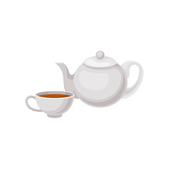 Cup of tea and teapot. Traditional English drink. Flat vector element for advertising poster, cafe or restaurant menu