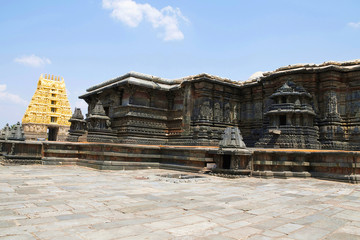 View of stellate, star Shape, form of shrine outer wall at the Chennakeshava temple. Belur, Karnataka