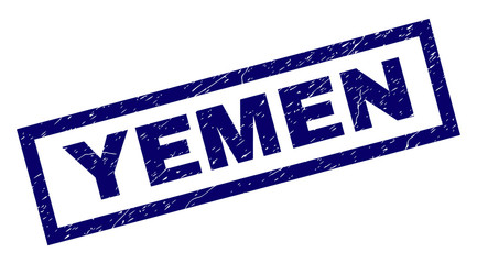 Rectangle YEMEN seal stamp with distress texture. Rubber seal imitation has rectangle frame. Blue vector rubber print of YEMEN caption with dirty texture.