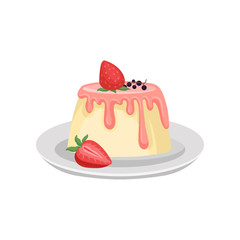 Delicious pudding with pink glaze and ripe strawberry on top. British cuisine. Traditional English dessert. Flat vector for cafe menu