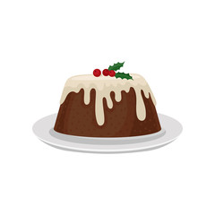 Christmas plum pudding decorated with red cranberry. Traditional dessert of English cuisine. Sweet food. Flat vector for menu or recipe book