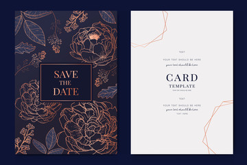Wedding Invitation, floral invite thank you, rsvp modern card Design in Copper peony with  tropical palm leaf eucalyptus branches in Navy blue background