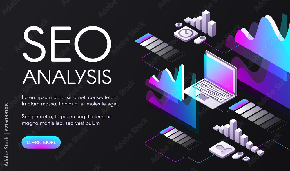 Fototapete SEO analysis vector illustration of search engine optimization in digital marketing. Ultraviolet purple diagrams and flowcharts for user requests in internet and computer network