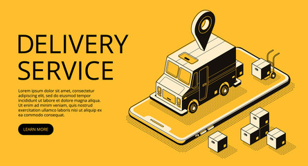 Delivery service vector illustration of loader truck and parcel boxes at warehouse. Logistics and transport technology thin line art and isometric black halftone design on yellow background