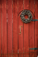 Red Barn w/ Arched Door & Wreath