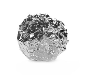 Crumpled aluminum foil ball isolated on white background