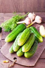 A bunch of fresh cucumbers, dill and garlic on a wooden table. Rustic style