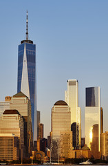 New York City skyline at sunset, USA