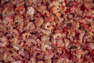 Image of dried shrimps sold in the market Thailand.