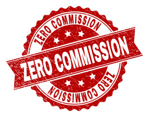 ZERO COMMISSION seal stamp with corroded texture. Rubber seal imitation has circle medallion form and contains ribbon. Red vector rubber print of ZERO COMMISSION label with unclean texture.