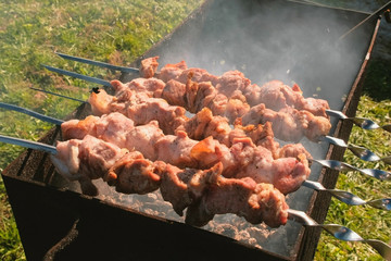 Appetizing juicy pork barbecue is roasted on skewers on top of charcoal grill. Close-up meat pieces.