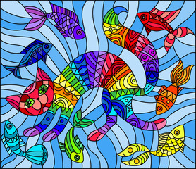 Illustration in stained glass style abstract geometric rainbow cat and fish on a blue background 