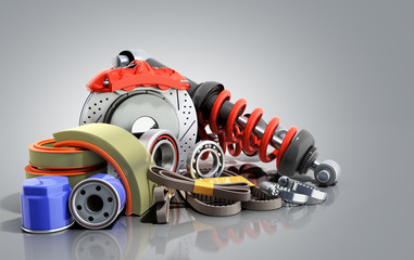 concept of vehicle maintenance automotive supplies 3d render on a grey background
