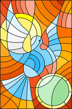 Illustration in stained glass style with abstract pigeon and the sun on orange background