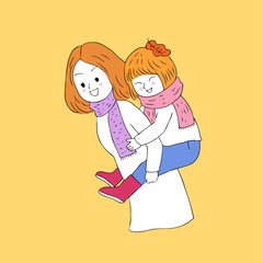 Cartoon cute Autumn mother and daughter vector.