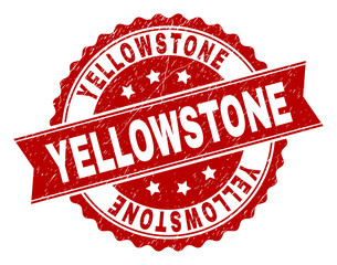 YELLOWSTONE seal print with distress texture. Rubber seal imitation has round medal form and contains ribbon. Red vector rubber print of YELLOWSTONE label with dirty texture.