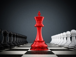 Red chess king standing between white and black pawns. 3D illustration