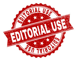 EDITORIAL USE seal print with distress texture. Rubber seal imitation has round medal shape and contains ribbon. Red vector rubber print of EDITORIAL USE title with dust texture.