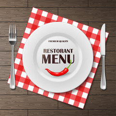 Restaurant menu front banner with plate and cutlery set on napkin. realistic Restaurant menu background advertisement poster vector illustration