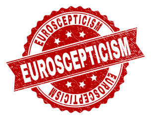 EUROSCEPTICISM seal print with corroded style. Rubber seal imitation has round medallion form and contains ribbon. Red vector rubber print of EUROSCEPTICISM text with corroded texture.