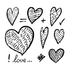 Set of hand drawn hearts. Vector hearts from grunge brush strokes. Design elements for invitations, greeting cards, quotes, blogs, posters, webs, prints. Collection of love symbols for Valentine card.