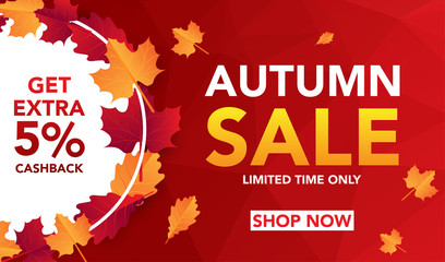 Autumn sale banner template with leaves, fall leaves for shopping sale. banner design. Poster, card, label, web banner. Vector illustration