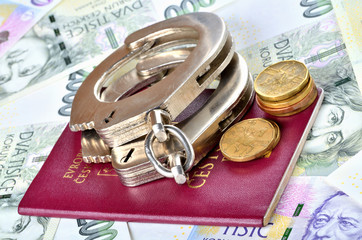 Czech republic passport and police handcuffs on banknotes - international arrest warrant concept