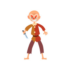 Angry clown cartoon character, halloween clown with evil eyes holding knife vector Illustration on a white background