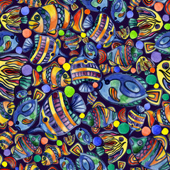 Fototapeta premium Aquarium, river, lake, merry, rainbow, colorful fish in the water. Watercolor. Illustration