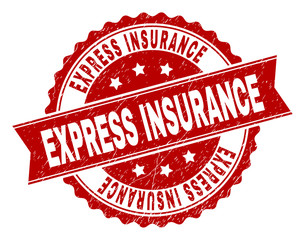 EXPRESS INSURANCE seal print with corroded surface. Rubber seal imitation has circle medal form and contains ribbon. Red vector rubber print of EXPRESS INSURANCE tag with corroded texture.