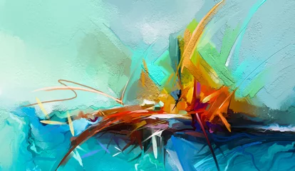 Abstraktes buntes Ölgemälde auf Segeltuchbeschaffenheit. Semi- abstraktes Bild des Landschaftsmalereihintergrundes. Ölgemälde der modernen Kunst mit Gelb, Rot und Blau. Abstrakte zeitgenössische Kunst für den Hintergrund © nongkran_ch
